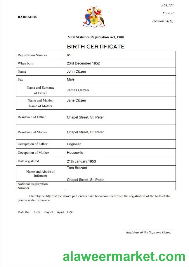 Barbados birth certificate template in Word and PDF format